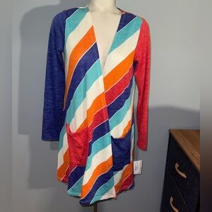 Lularoe Retro Stripes small Caroline Cardigan Blue Red White Cream Orange NEW!